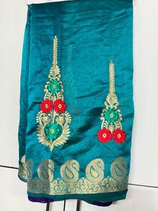 Teal Embroidered Saree no blouse