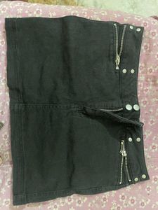 Black Denim Mini Skirt with Zipper Details