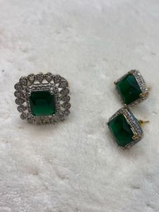 Emerald &amp; Diamond Studs &amp; Ring Set