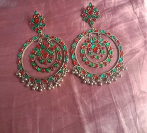 Chunky Red Green Stone Hoop Earrings