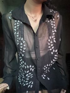 Black Sheer Embroidered Button-Up Shirt