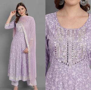 Pure cotton Lavender Floral Mirror Work Kurta Set