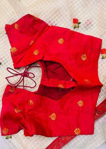 Cream Floral Embroidered Saree with Red Blouse