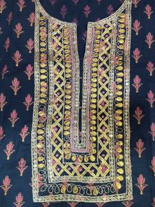 Navy Blue Kurta with Pink Floral Print
