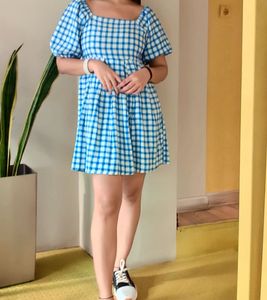 Blue Gingham Puff Sleeve Dress