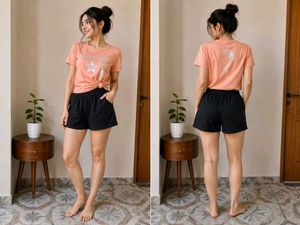 Cute Peach Star T-Shirt & Black Shorts Set