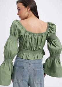 Chic Olive Green Puff Sleeve Crop Top