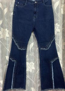 Flared Denim Jeans with Rhinestone Detail