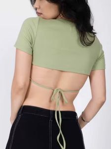 Olive Green Cropped T-Shirt with Tie Back