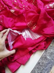 rani pink tiered sequin gown with gold rose embroi