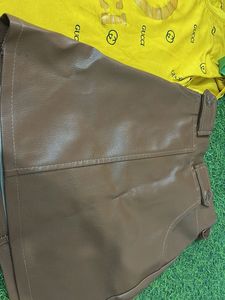 Cute Yellow Gucci Top and Brown leather skirt Set