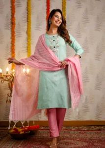 NewElegant MintGreen KurtaSet with PinkDupatta
