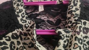 Leopard Print Sheer Blouse with Lace Detail