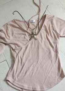 Light Pink Ribbed Wrap Top