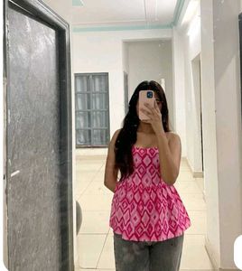 Pink Geometric Print Peplum Top