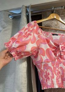 Pink Floral Smocked Tie-Up Crop Top