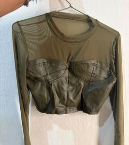 Olive Mesh & Faux Leather Corset Top