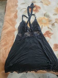 Elegant Black Lace Trim Nightgown