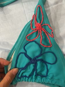Teal Bikini Top with Floral Embroidery