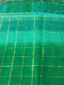 Elegant Green Printed Saree with Golden Check Desi
