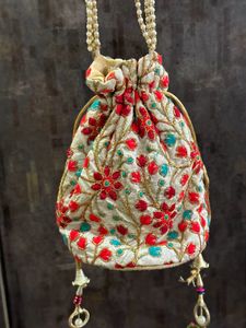 Designer Embroidered Potli Bag – Ivory Multicolour