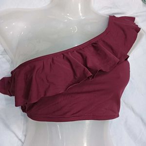 Maroon One🤎-Shoulder Ruffle Bikini Top