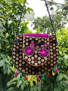 Embroidered Black Bicycle Sling Bag NEW