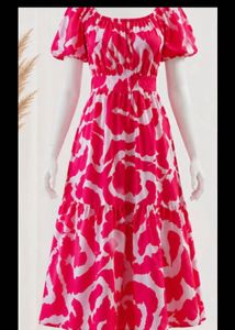 Vibrant Pink & White Patterned Midi Dress