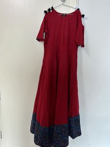 Red Cotton Cold Shoulder Maxi Dress