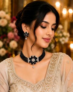 Trendy Black Crystal Beaded Choker Necklace Set