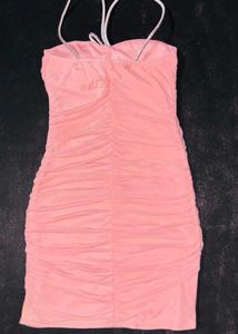 Peach ruched bodycon dress with sparkling ringston