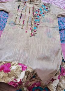Elegant Beige Kurti with Floral Border