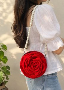 Red Rose Crochet Round Bag with Pearl Strap