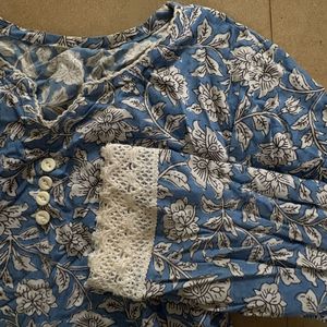 Desi Lace Aesthetic Blue Floral Print Kurta
