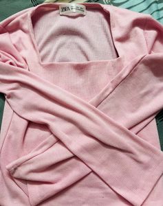 Zara Pink Ribbed Square Neck Long Sleeve Top