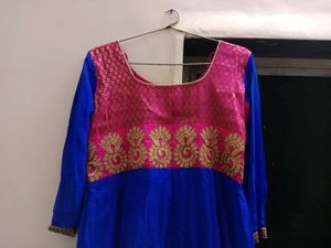 Blue Anarkali Kurta with Pink &amp; Gold Embellishment