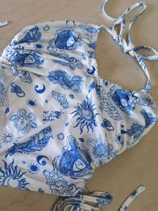 Blue and White Celestial Print Halter Top
