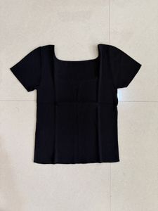 MANGO Black Square Neck Ribbed Top