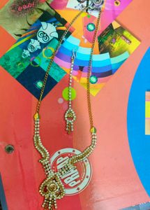 Gold+White stone Necklace & Tikka Set
