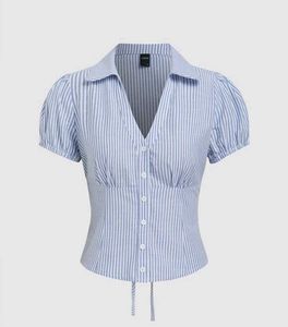 Blue Corset Back Puff Sleeve Shirt