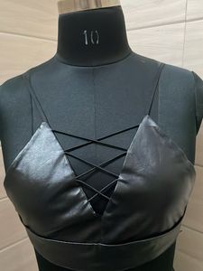 34 Black Faux Leather Lace-Up Crop Top