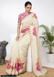 Elegant Cream Saree with Pink Floral Print
