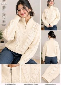 Cream Cable Knit Quarter Zip Sweater