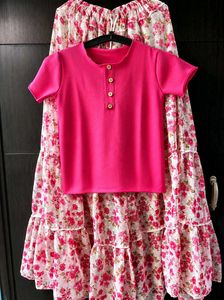 Rosy Bloom Ribbed Top &amp; Floral Tiered Maxi Skirt