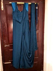 Teal Green Satin Pre drape Saree Dress