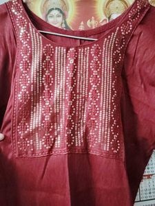 93.Maroon Kurta with Embellished Neckline