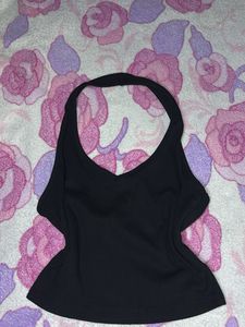 Y2k Ribbed Black Halter Neck Top
