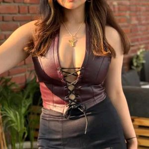 Leather Lace-Up Corset Top