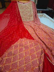 Elegant Red Bandhani Nyra Cut Kurta Set
