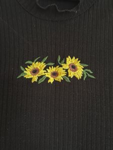 Black Ribbed Crop Top with Sunflower Embroidery